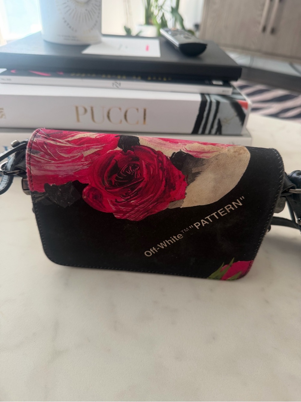 Off-White Black Crossbody with Red Rose Print